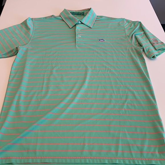 Southern Tide Club Mimosa Hills Green & Orange Striped Polo, M - Picture 5 of 8